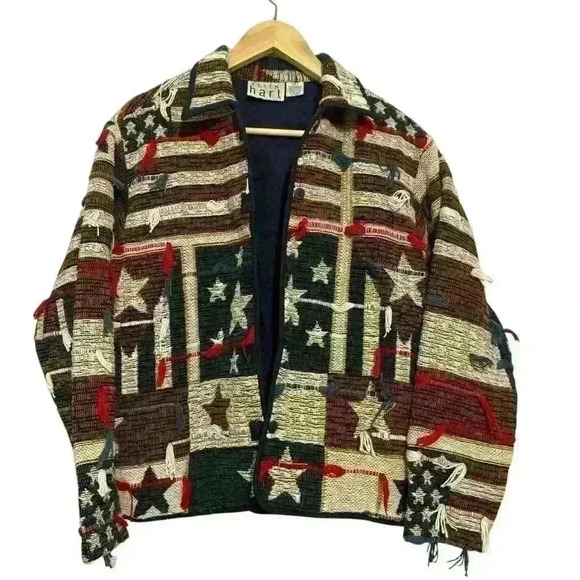 KEREN Hart vintage tapestry patriotic America red white blue button jacket small - Picture 3 of 11